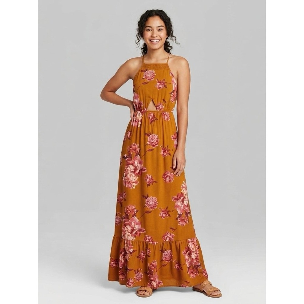 Daytrip New Small Floral Maxi Dress High Neck Crochet Waist Cut Out Back Tie